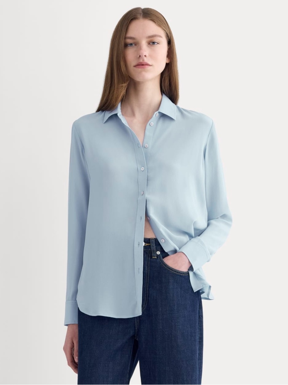 Everlane The Must-Have Shirt in Washable Silk Soft Blue Blouse Size 0 NWOT